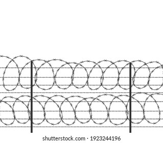 Military jail fence. Vector barbed spike wire. Safety metal net barrier. Prison iron gate security fencing. Simple graphic illustration