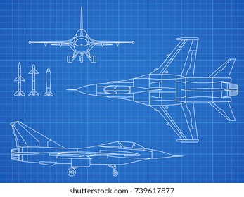 Military jet aircraft drawing vector blueprint design. Aircraft military plan blueprint illustration
