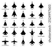 military jet aircraft top view icon set silhouette airplanes