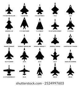 military jet aircraft top view icon set silhouette airplanes