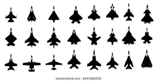 military jet aircraft top view icon silhouette airplanes