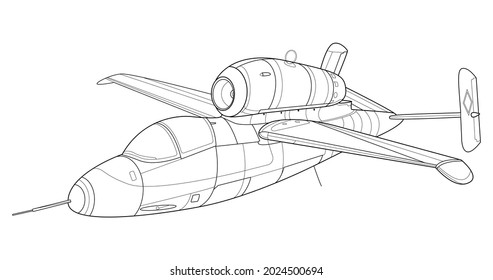 Military jet coloring page for book and drawing. Airplane. War-plane. Aircraft.Vector vehicle illustration. Bird. Graphic element. Plane. Black contour sketch illustrate Isolated on white background