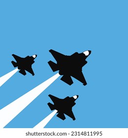 military jet fighters flying on blue background vector design