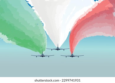 Aviones de la Fuerza Aérea de los aviones de combate del desfile de aviones militares lanzan humo blanco, verde y rojo. Fuerza aérea celebra el Día de la República de Italia