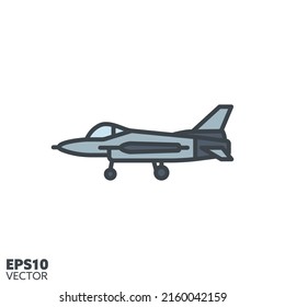 Military jet vector filled line icon. Fighter aircraft color symbol.