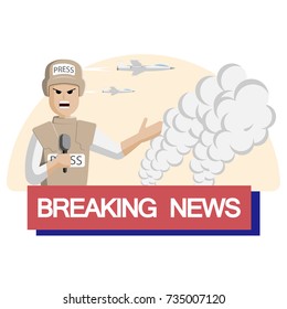A military journalist is reporting from the scene. Breaking news. Vector, flat.