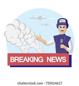 A military journalist is reporting from the scene. Breaking news. Vector, flat.