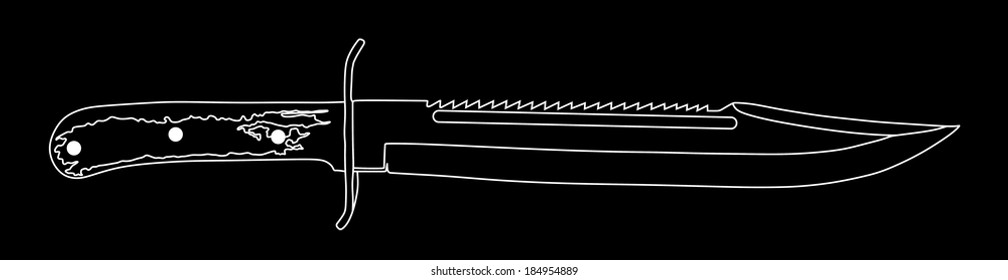 Military knife vector white lines isolated on black background.