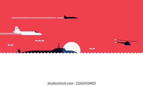 A military landscape that contains a nuclear submarine at sea, an attack aircraft, a helicopter and a fighter