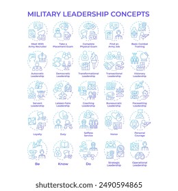 Military leadership blue gradient concept icons. Army recruitment. Military career. Combat training. Armed forces service. Icon pack. Vector images. Round shape illustrations. Abstract idea