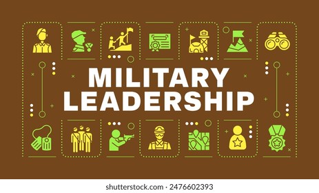 Concepto de palabra marrón de liderazgo militar. Salud física, entrenamiento de combate. Colaboración de soldados. Comunicación visual. Arte vectorial con texto de letras, iconos de pictogramas editables. Hubot Sans fuente utilizada