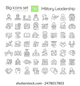 Military leadership linear icons set. Army values, team members. Combat training, requirements. Customizable thin line symbols. Isolated vector outline illustrations. Editable stroke