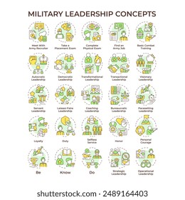 Military leadership multi color concept icons. Army recruitment. Military career. Combat training. Armed forces service. Icon pack. Vector images. Round shape illustrations. Abstract idea