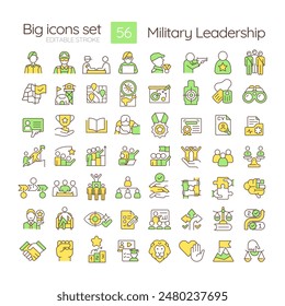 Military leadership RGB color icons set. Professional development. Physical health, combat training. Isolated vector illustrations. Simple filled line drawings collection. Editable stroke