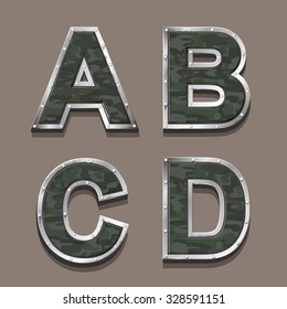 Military letters alphabet. Steel Metallic khaki Font  symbols A B C D vector