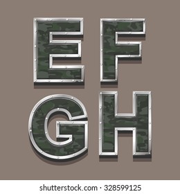 Military letters alphabet. Steel Metallic khaki Font  symbols E F G H vector