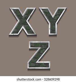 Military letters alphabet. Steel Metallic khaki Font  symbols X Y Z vector
