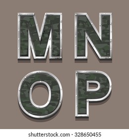 Military letters alphabet. Steel Metallic khaki Font  symbols M N O P vector