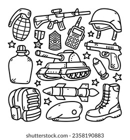 Ilustración del vector de doodle de la línea militar, fondo blanco