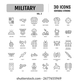 military line editable icon set. Editable stroke. Vector illustration
