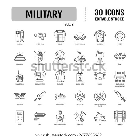 military line editable icon set. Editable stroke. Vector illustration