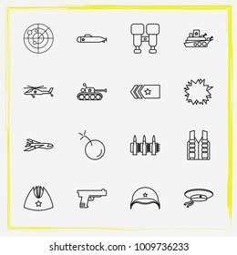 Military line icon set bulletproof vest, bomb and military cap