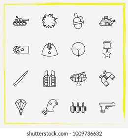 Military line icon set bullets, medal and explosion