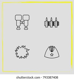 Military line icon set bullets, binoculars and hat