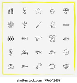 Military line icon set bullets, military skydiver and target