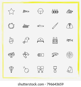 Military line icon set military cap, airplane and star