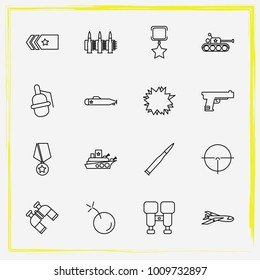 Military line icon set explosion, gun and military ship