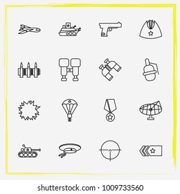 Military line icon set explosion, military cap and medal