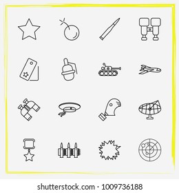 Military line icon set explosion, airplane and star