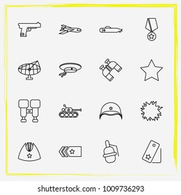 Military line icon set explosion, army helmet and medal