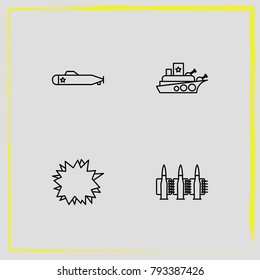 Military line icon set explosion, warship and submarine