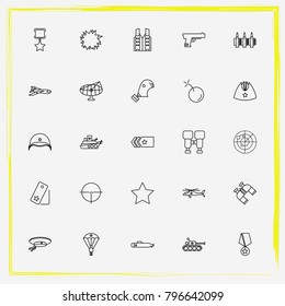 Military line icon set explosion, army helmet and airplane