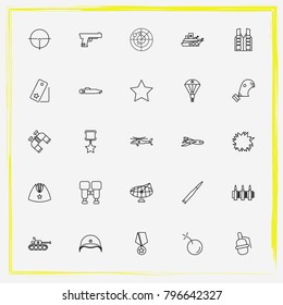 Military line icon set explosion, binoculars and military ship