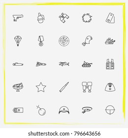 Military line icon set explosion, bulletproof vest and bomb
