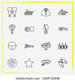 Military line icon set military ship, airplane and star