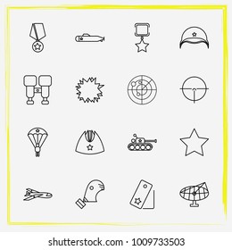 Military line icon set star, airplane and army helmet