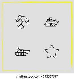 Military line icon set star, warship and binoculars