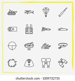 Military line icon set target, explosion and army helmet