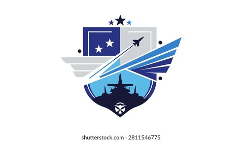 A military logo design featuring a jet fighter taking off from an aircraft carrier with wings and stars.