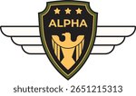 Military logo with an eagle and wings, three stars, and the word alpha, possibly representing a special unit or group within the armed forces