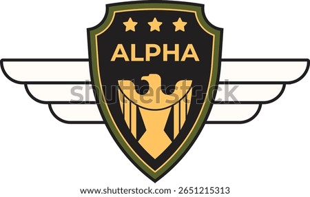 Military logo with an eagle and wings, three stars, and the word alpha, possibly representing a special unit or group within the armed forces