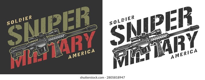 A military logo features the words Sniper and Military with a rifle graphic. The background shows a strong contrast highlighting the text and weapon clearly.