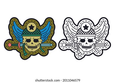 Militärisches Logo mit Schädel, Vektorgrafik, einzeln auf weißem Hintergrund.