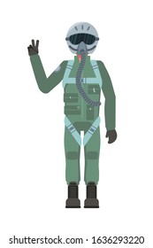 Military male character wearing protective camouflage and facial gas mask and showing victory sign with finger standing isolated on white. Man soldiers with war equipment. Vector illustration