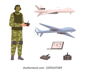 Military man controlling unmanned aerial vehicle, isolated soldier with uav drone and jet. Collection of vehicles. Vector planes on remote control in flat cartoon illustration