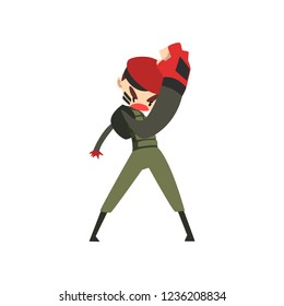 Military man fighting, soldier character in camouflage uniform and red beret cartoon vector Illustration on a white background